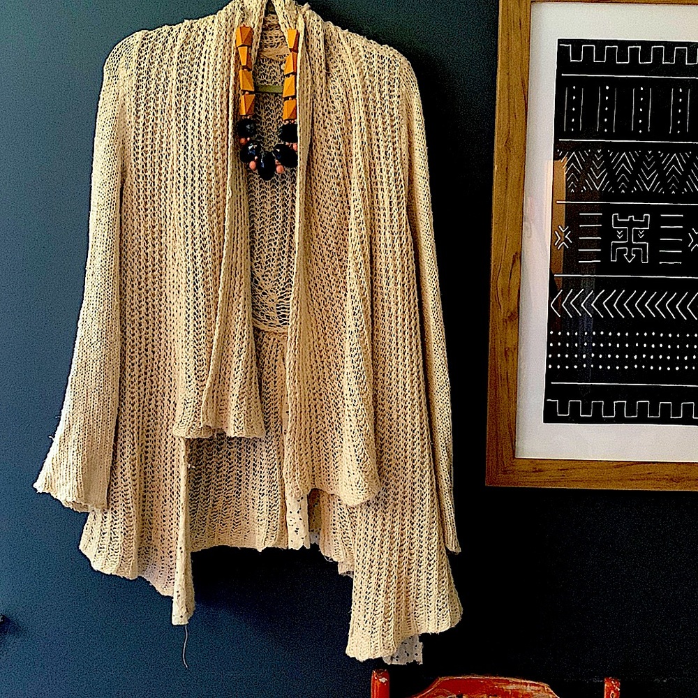 Anthropologie oatmeal colored cardigan,  with fine lace details